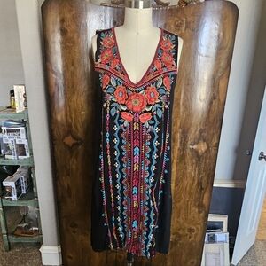 Johnny Was Black Dress with Vibrant Floral Embroidery
